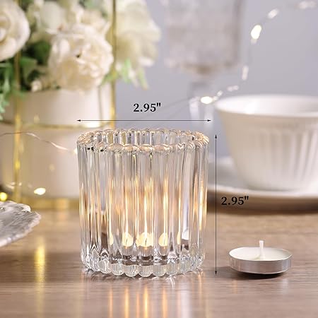 8pcs Large Clear Votive Candle Holders, 2.95"2.95" Ribbed Votive Candle Holder, Tealight Candle Holders for Votives, Floatings, Glass Candle Holder for Wedding, Table Centerpieces