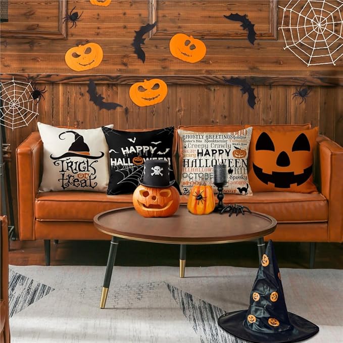 Halloween Pillow Covers 18x18 Set of 4 Spider Web Happy Halloween Decorations Jack-O-Lantern Pumpkin Throw Pillow Covers Witch Hat Trick or Treat Cushion Case for Sofa Couch