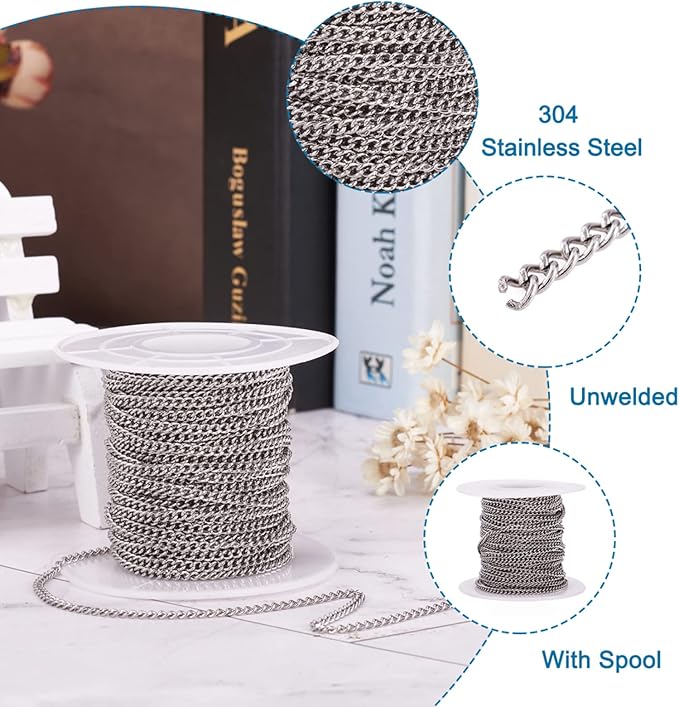 Pandahall 32.8 Feet 304 Stainless Steel Curb Chains 2.7x2x0.5mm Metal Link Chain Unwelded Jewelry Chains for DIY Bracelet Necklace Jewelry Making