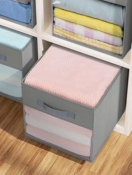 Foldable Storage Cubes Set of 2 Non-Woven Fabric Clothes Organizer with Handles Collapsible Storage Bins Clear Front Window Open-Top Storage Boxes for Shelf Closet(28 28 28cm,Grey)