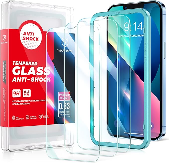 SMARTDEVIL 3 Pack Screen Protector for iPhone 14iPhone 13 iPhone 13 Pro(6.1 Inch), Easy Installation Frame10X Military Grade Shatterproof HD Bubble Free Diamonds Hard Tempered Glass