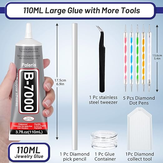 Upgrade B-7000 Crystal Rhinestone Jewelry Glue Clear, 110ml 3.7 fl oz Craft Adhesive Fabric Super Repair Glue with Precision Tips Multi Dotting Stylus for Nail Art, Jewelry, Phone Repair