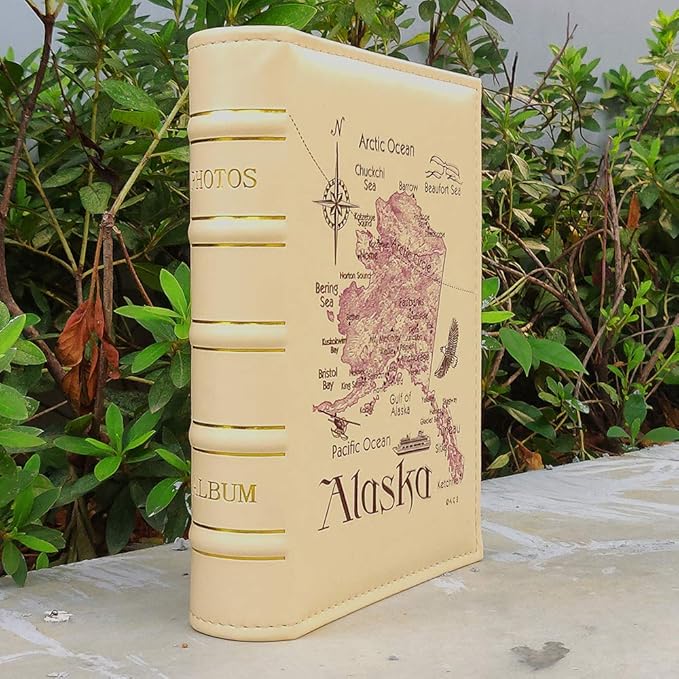 Imitation Leather Photo Album Slots album 200 Horizontal Insert Pockets Hold 4 x 6 Photos PU Cover Book Bound Alaska Map Travel Souvenir Family Vacation Birthday Wedding Memory Collection