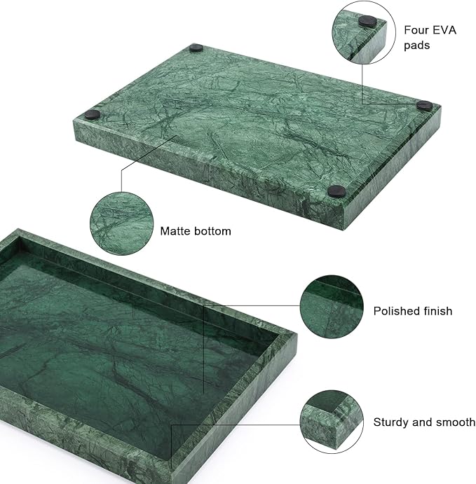Marble Bathroom Vanity Tray, Natural Luxury Vanity Home Kitchen Bathroom Table Tray, Stone Decorative Countertop Dresser Trays for Key Coffee Perfume Jewelry Makeup (Blackish Green, 12" x 8" x 1.2")