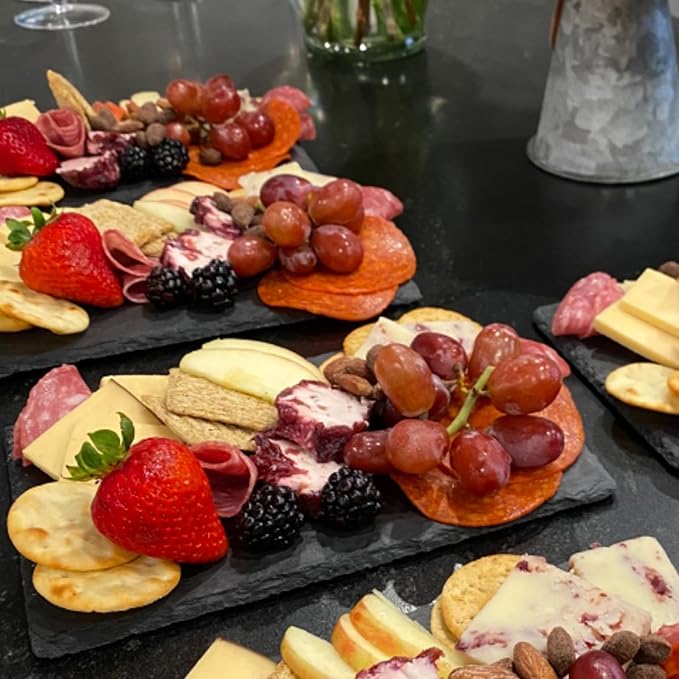 MOUYAT 5 Pack 10 x 5 Inch Black Slate Plates, Rectangular Slate Cheese Board with Natural Edge, Natural Stone Plates Cutting Board Charcuterie Boards for Cheese, Sushi, Meat, Appetizers