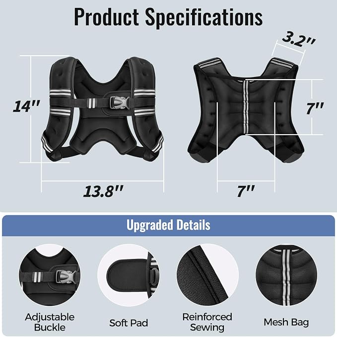 8LB Weighted Vest for Women & Men with Reflective Stripe and Adjustable Buckle, Comfortable & Durable Rucking Vest for Walking, Running & Strength Training