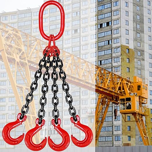 Lifting Slings Heavy Duty Chain, 1 3 5 6 10 13 Feet Quad Leg Lifting Chains with Locking Hooks, Mn Steel Heavy Duty Lifting Chain Link for Engine Hoist(Load 4.7 Ton L 4 M (13.1 FT) 4 Hook)