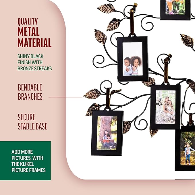 Klikel Family Tree Picture Frame Display with 10 Hanging Picture Photo Frames - Large 20 X 18 Metal Family Tree - 10 Ornamental 2x3 Frames - Wall Decor or Table Decor - Family Tree Photo Frame