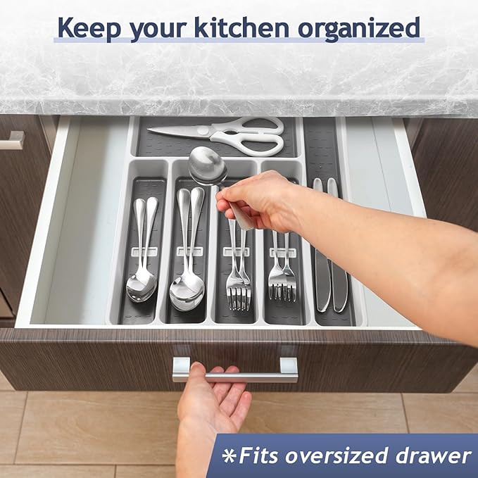 Silverware Organizer with Cutlery Icons,Silverware Tray for Kitchen Drawer,Plastic Flatware Tableware Cultery Drawer Organizer Utensil Organizer with Non-slip TPR Linings,6-Compartment