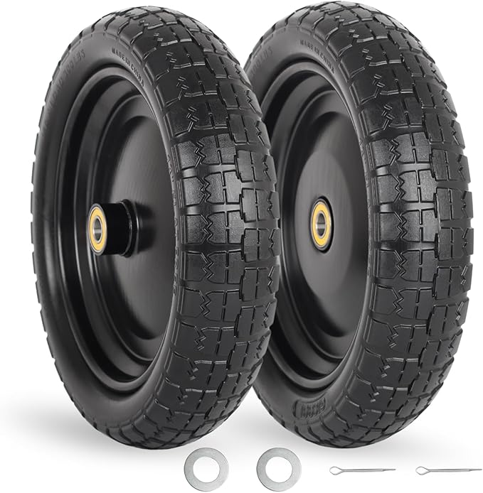 13" Flat-free Solid Tire and Wheel, with 58" Axle Bore Hole, 2.2" Offset Hub, Replacement 4.00-6 Wheelbarrow tire, Compatible with Garden Wagon Trolley Dolly, 2 Pack