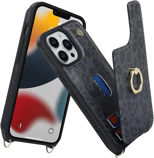for iPhone 13 Pro Max/iPhone 12 Pro Max Case with Card Holder for Women,Crossbody Strap Lanyard,Credit Card Holder,Ring Stand,Snap Clasp,Cute Wallet Case 6.7 inch (Black Leopard)