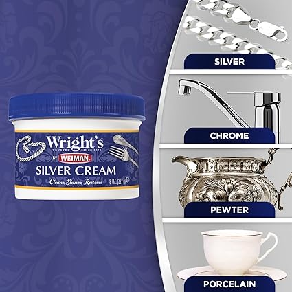 Wright's by Weiman Silver Cleaner and Polish Cream with Polishing Cloth, Ammonia-Free, Gently Clean Remove Tarnish without Scratching