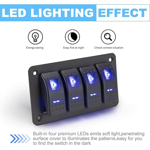 BUNKER INDUST 4 Gang Rocker Switch Aluminum Panel with Blue LED Light Waterproof 5 Pin On Off Toggle Switches for 12V24V Marine Boat RV Truck Car ATVs