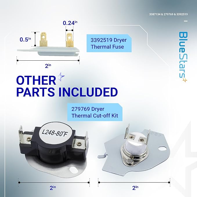 BlueStars 279769 Dryer Thermal Cut-Off Kit, 3387134 Thermostat and 3392519 Thermal Fuse - Compatible with Whirlpool Kenmore Maytag Dryers - Replaces 3977394 3390291 PS345113 AP6008325