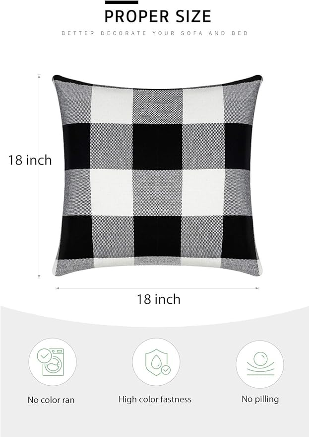 Syntus Set of 2 Buffalo Check Throw Pillow Covers Farmhouse Outdoor Plaid Square Pillow Cushion Case Black and White Polyester Linen for Christmas Thanksgiving Decor Car Bed Sofa, 18 x 18 inches