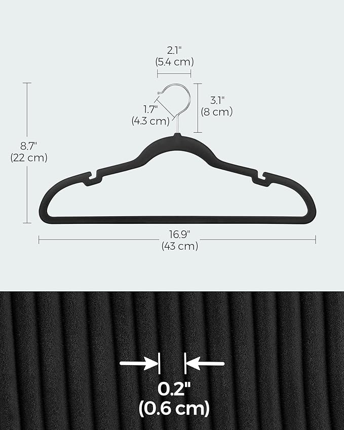 SONGMICS Velvet Hangers 10 Pack, Non-Slip Clothes Hangers, Suit Hangers with Shoulder Notches, Pants Bar, 360 Swivel Hook, Space-Saving, for Closet, Ink Black UCRF029B01