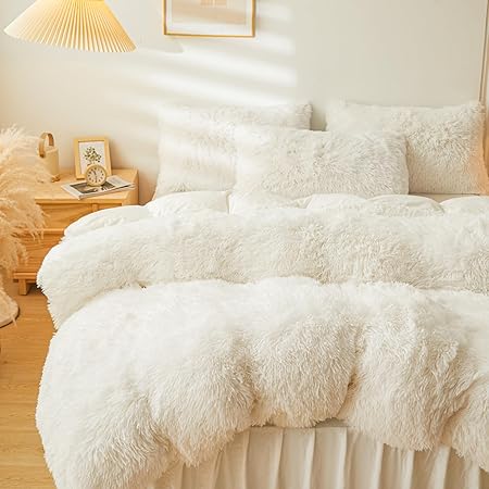 Fluffy Beige Faux Fur Comforter Cover Queen Set,Fluffy Fuzzy Plush Cream Bedding 4Pcs (1 Faux Fur Duvet Cover 2 Fuzzy Pillowcases1velvet Bed Skirt) Beige Fluffy Bed Set(Beige, Queen)