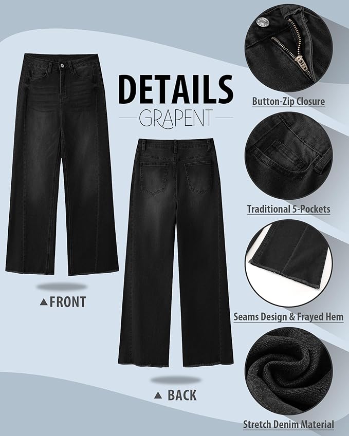 GRAPENT Wide Leg Jeans for Women High Waisted Trendy Strechy Denim Pants Side Seam Frayed Hem Baggy Work Trouser Jeans