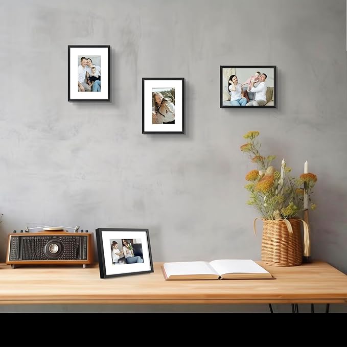Frametory, 6x8 Aluminum Frames with Mats for 4x6 PicturesPhotos - Real Glass- PortraitLandscape - Horizontal and Vertical Formats for Wall and Table Mounting (Black, 2 Pack)