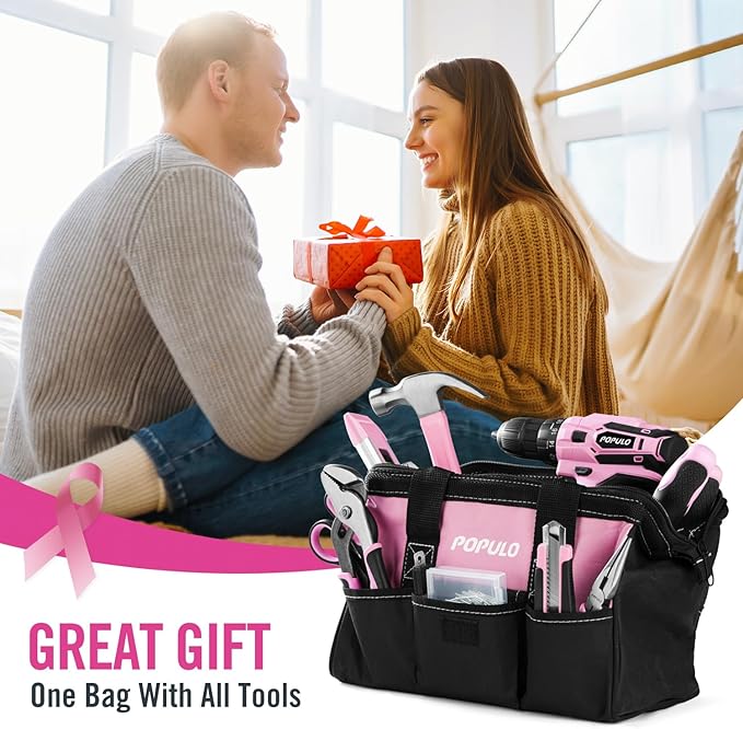 populo Pink Tool Kit 236-Piece with Cordless 20V 2000mAh Power Drill Driver, Lady's Basic Home Tool Set with 12-Inch Pink Tool Bag, Electric Drill Sets Combo Kit for Women, House, DIY