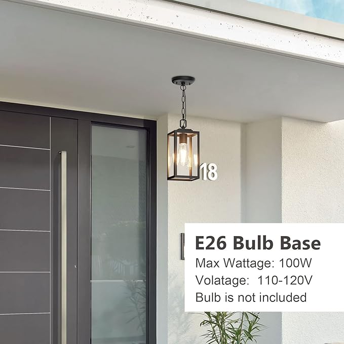 Modern Outdoor Pendant Light, 1-Light Outdoor Hanging Lantern Light, Matte Black Aluminum with Clear Glass, Exterior Pendant Lighting Fixture for Porch, Yard, Gazebo