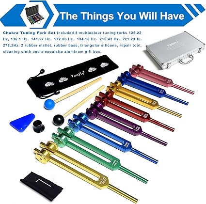 TENFLY Tuning Forks Set for Healing, 7 TENFLY 1 Soul Purpose Weighted Tuning Forks with Exquisite Aluminum Gift Box, Multicolor, (126.22 Hz, 136.1 Hz, 141.27 Hz, 172.06 Hz etc.)