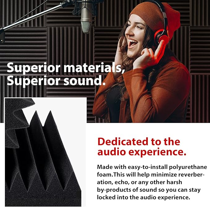 FONESO Acoustic Foam Panels, Soundproof Foam Panels for Walls, High Density Studio Soundproofing Wedges - Fire Resistant Noise Absorbing for Studio, Office, Home (Black, 24Pack)