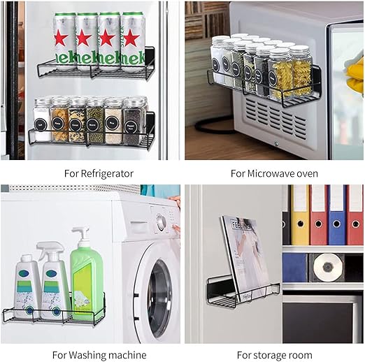 2 Pcs Magnetic Spice Rack Strong Magnetic Rack Organizer Rustproof Refrigerator Spice Shelf No Drilling Removable Magnetic Storage Rack for Metal Cabinet Kitchen Cans Seals Jars
