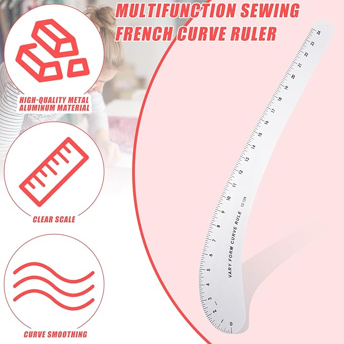 Xuhal French Curve Square Ruler Solid Aluminum Vary Form French Curve Hip Measuring Ruler for Making Crafts Sewing Design Supplies(Curve)