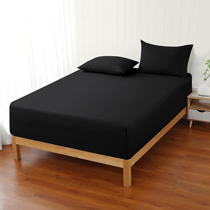 Zaizaihome 600 Thread Count Fitted Sheet Queen Size, 100 Egyptian Cotton, 3-Piece Set (1 Fitted Sheet, 2 Pillowcases), Sateen Weave, Ultra Soft Breathable,16" Deep Pocket Bed Sheet, Black