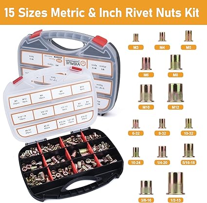 VIGRUE 16'' Rivet Nut Tool Kit Nutserts Rivnut Hand Tool Set with 15PCS Metric SAE Mandrels and 300PCS Rivet Nuts Assortment