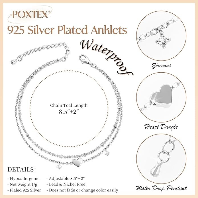 Sterling Silver Anklet Bracelets for Women Waterproof, 925 Sliver Plated CZ Heart Charm Dainty Layer Anklets for Women Trendy, Simple Chain Anklets Set Gifts for Women, Jewelry Gifts for Her Women Mom Wife Girlfriend