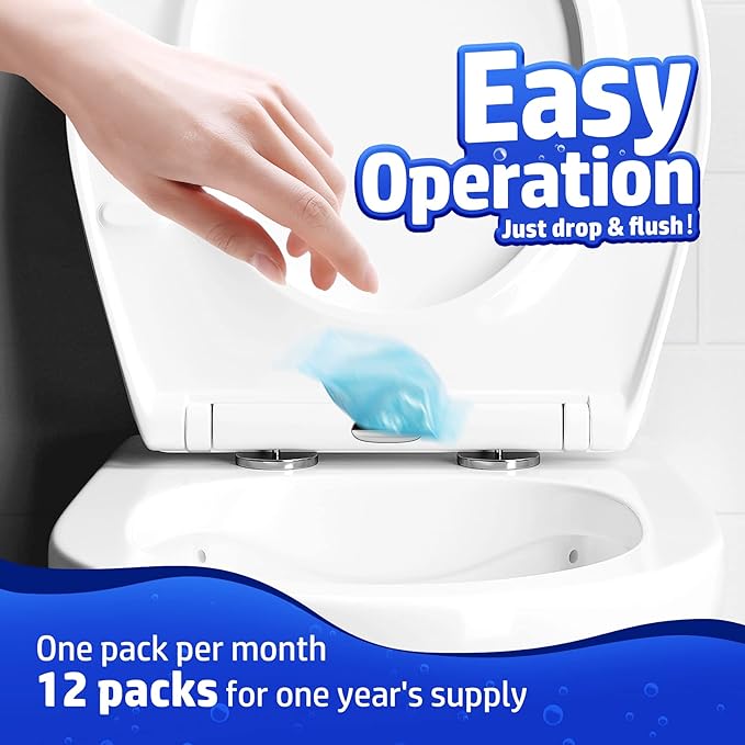 Vacplus Septic Tank Treatment 12 Pcs for 1-Year Supply, Dissolvable Packs with Easy Operation, Durable Biodegradable Enzymes for Wastes, Greases Odors, Blue, 2X Efficiency
