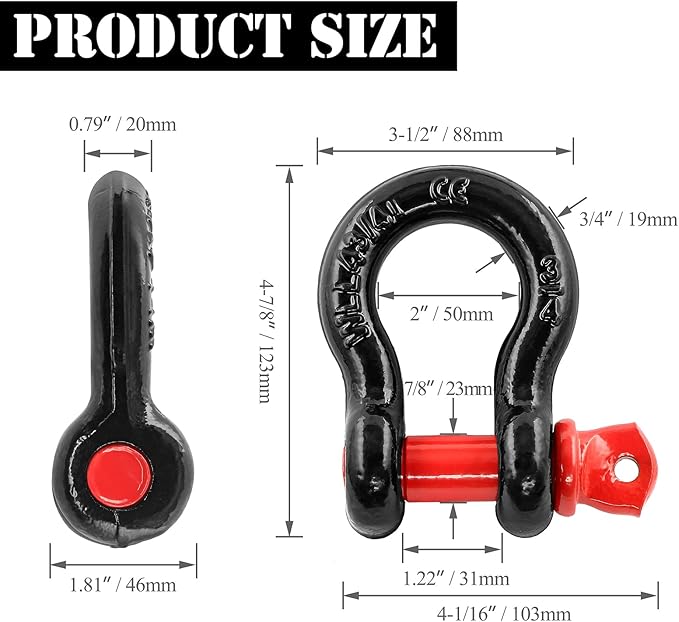 Shackles 34" D Ring Shackle 28.5 Ton (62,831 lbs) Maximum Break Strength with 78" Pin for Tow Strap Winch Off Road Vehicle Recovery (2 Pack)