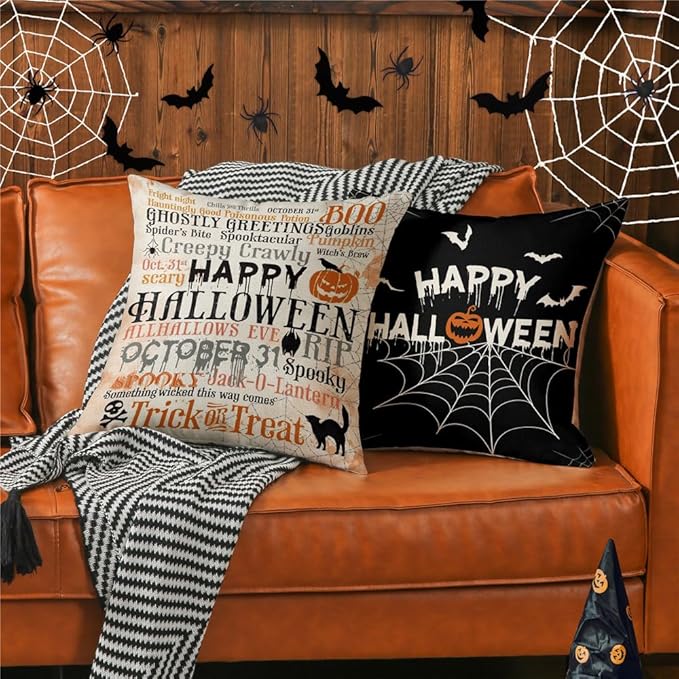 Halloween Pillow Covers 18x18 Set of 4 Spider Web Happy Halloween Decorations Jack-O-Lantern Pumpkin Throw Pillow Covers Witch Hat Trick or Treat Cushion Case for Sofa Couch