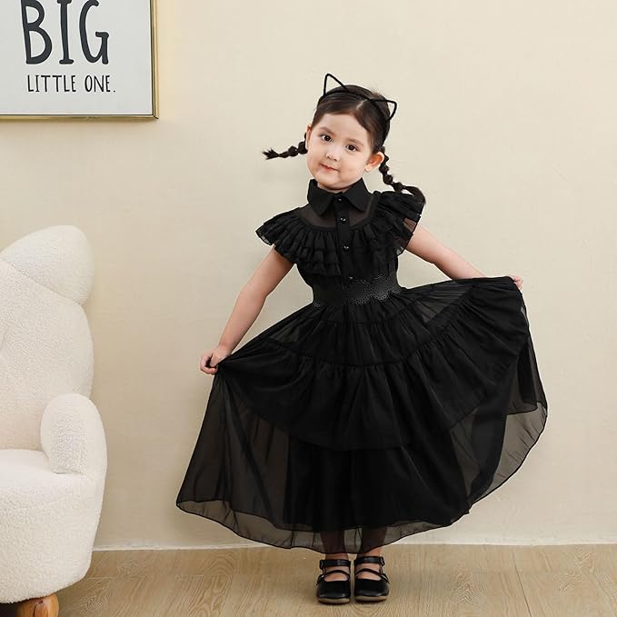 Plustrong Wednesday Addams Black Gothic Cosplay Dress for Girls Halloween Costume