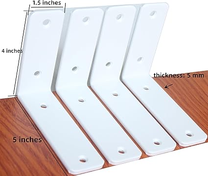 4 Pack - L 5" x H 4" x W1.5, 5mm Thick White L Shelf Bracket, Iron Shelf Brackets, Metal Shelf Brackets, Floating Shelf, Shelf Supports with Screws