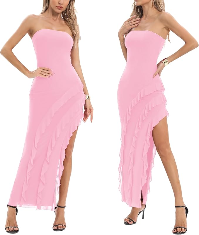 Capuffy Womens Tube Strapless Maxi Dress Irregular Ruffles Hem Cocktail Dress Off Shoulder Tassel High Slit Evening Gown 312