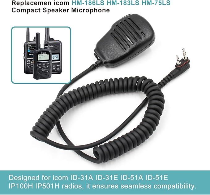 Hm-186ls Small Speaker Microphone Compatible for icom ID-31A ID-51A ID-52A IP100H IP501H radios with 3.5mm Audio Jack and Revolving Swivel Clip Right Angle 2-pin connecto and Revolving Swivel Clip