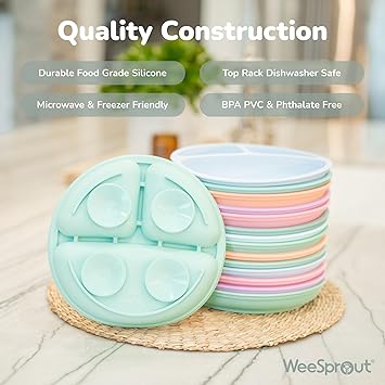WeeSprout Suction Plates for Babies Toddlers - 100 Silicone, Dinnerware Stays Put, Divided Design for Picky Eaters, Microwave Dishwasher Friendly, 3 Pack