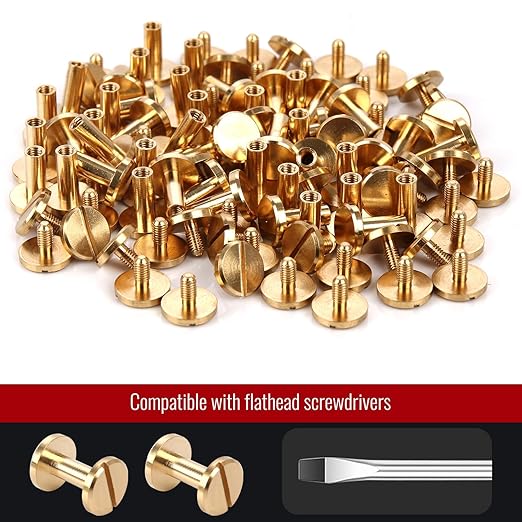 Chicago Binding Screws - 4mm x 10mm Binding Posts - 10mm Phillips Nut - Chicago Screw Binding Post Screw Kit for DIY Leather Decoration Scrapbook Photo Albums Bookbinding (Brass, 50 PCS)