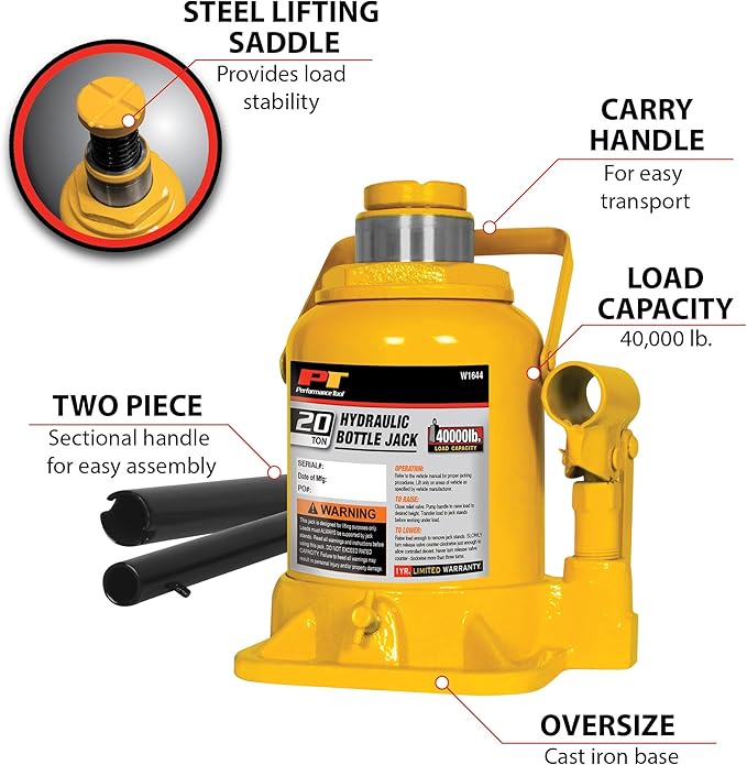 Performance Tool W1644 20 Ton (40,000 lbs.) Heavy Duty Shorty Bottle Jack