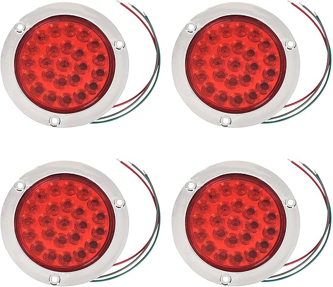 4 Pack Round Led Trailer Tail Lights Red 24 Led Flange Mount Waterproof Chrome 4 Inch Brake Stop Turn Lights