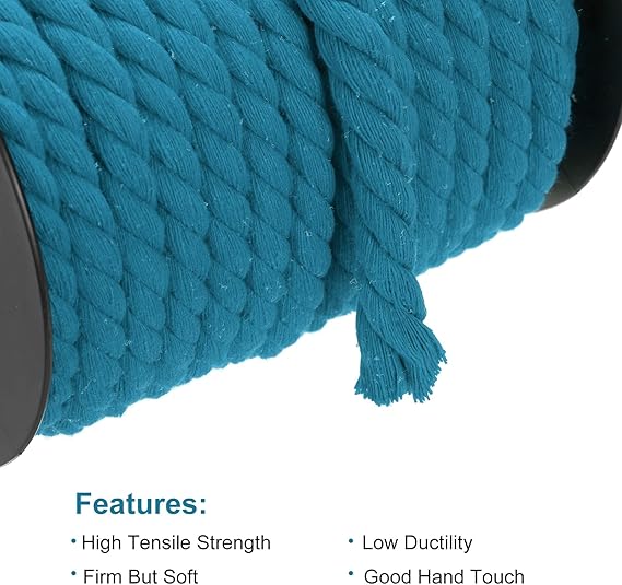 MECCANIXITY Cotton Rope 3 Strand Twisted Braided Rope Cord, Lake Blue 23m/25 Yard 10mm Dia for Wall Hanging, Plant Hanger, Knitting, Macrame Knotting