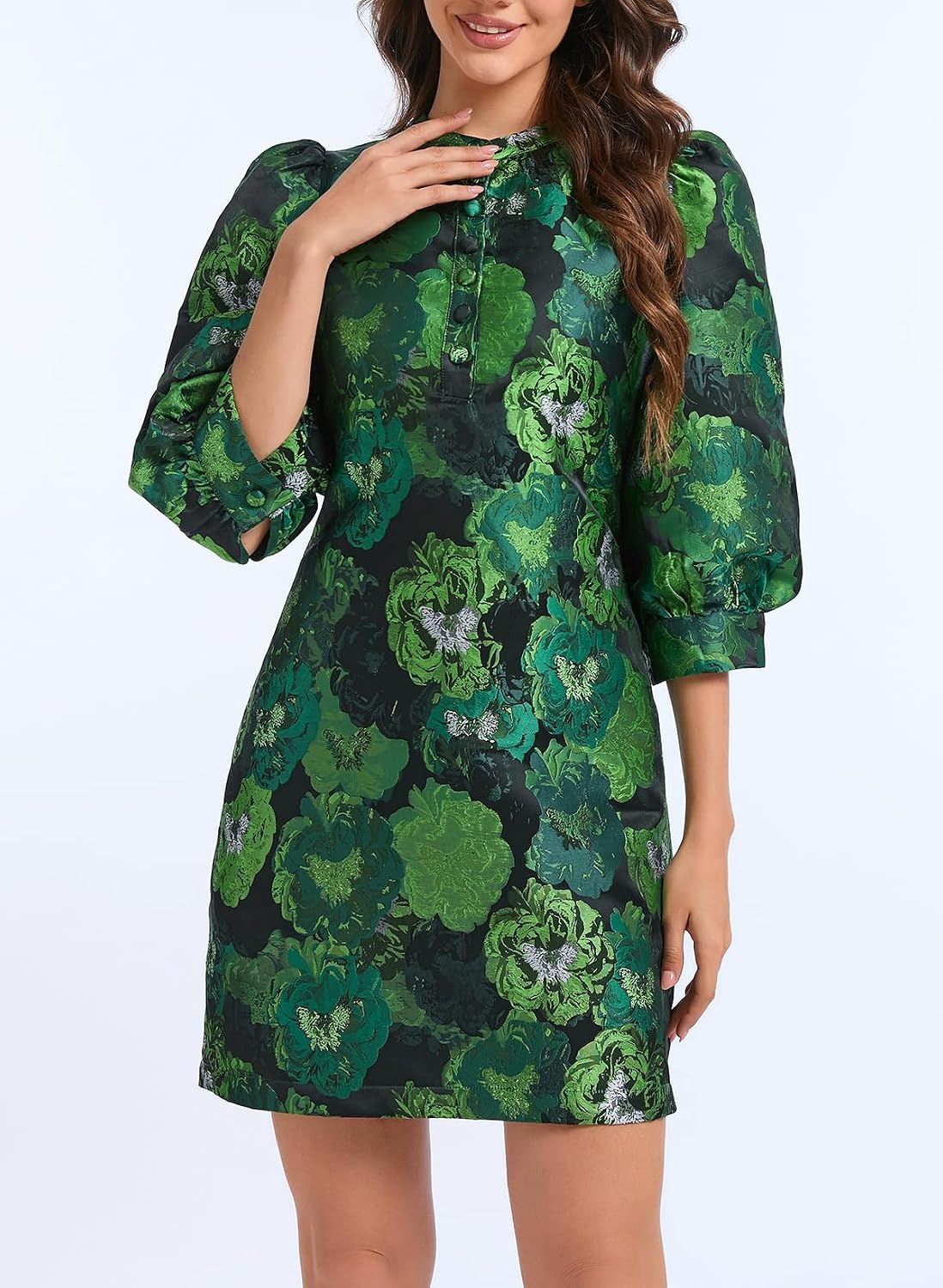 Ladyful Women's Floral Jacquard Shift Dress 2026 Long Puff Sleeve Button Up Elegant Cocktail Party Mini Dress
