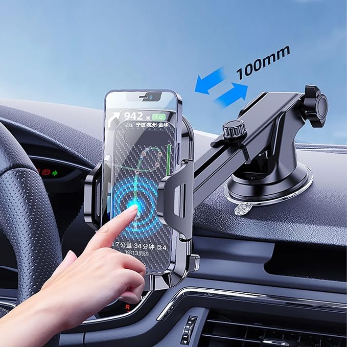 Car Phone Mount, Thick Case Big Phones Friendly Long Arm Universal Phone Holder for Car Dashboard Windshield Air Vent Hands Free Cell Phone Holder Compatible with All Mobile Phones
