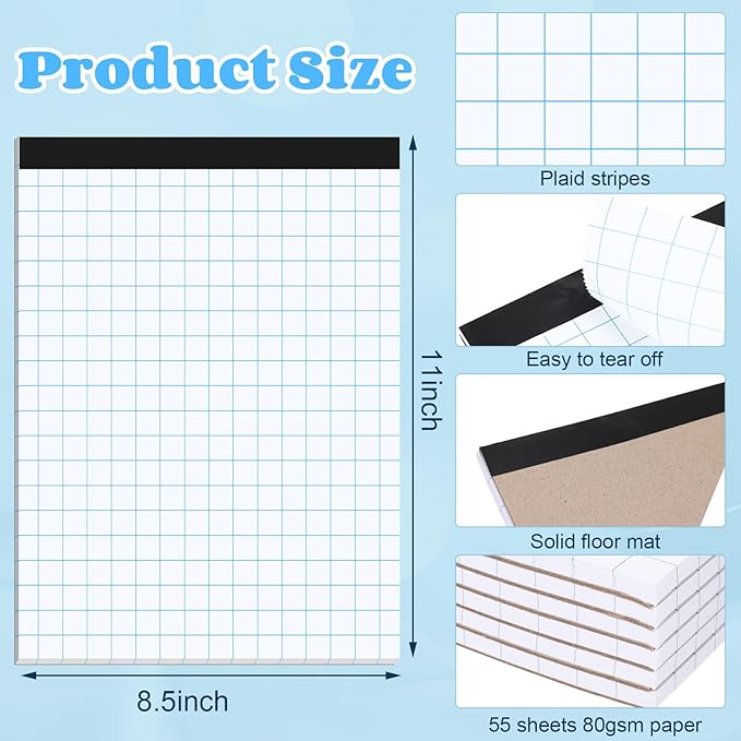 Honoson 6 Pack Graph Paper Pads 8.5 x 11 Inch 2x2 (2 Squares Per Inch) 55 Sheets/Pack Grid Notebook Math Graph Paper Pad White 80 Gsm Engineering Blueprint Notebook for Office Business Supplies