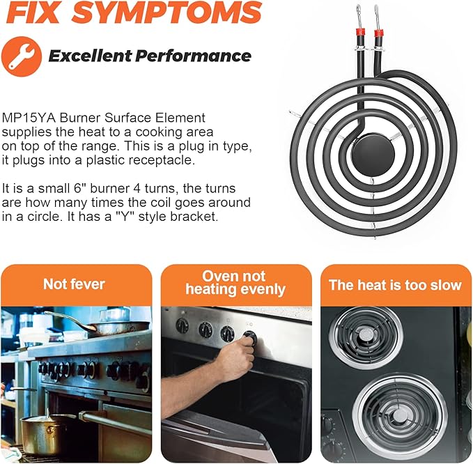 Upgraded 660532 MP15YA Electric Range Burner Element 6 inch 1500W 4 Turns surface element fit for Whirlpool Kenmore ranges replacement burners wfc310s0ak, rf110axsq3, kf330add1,ffef3011lwd,etc.