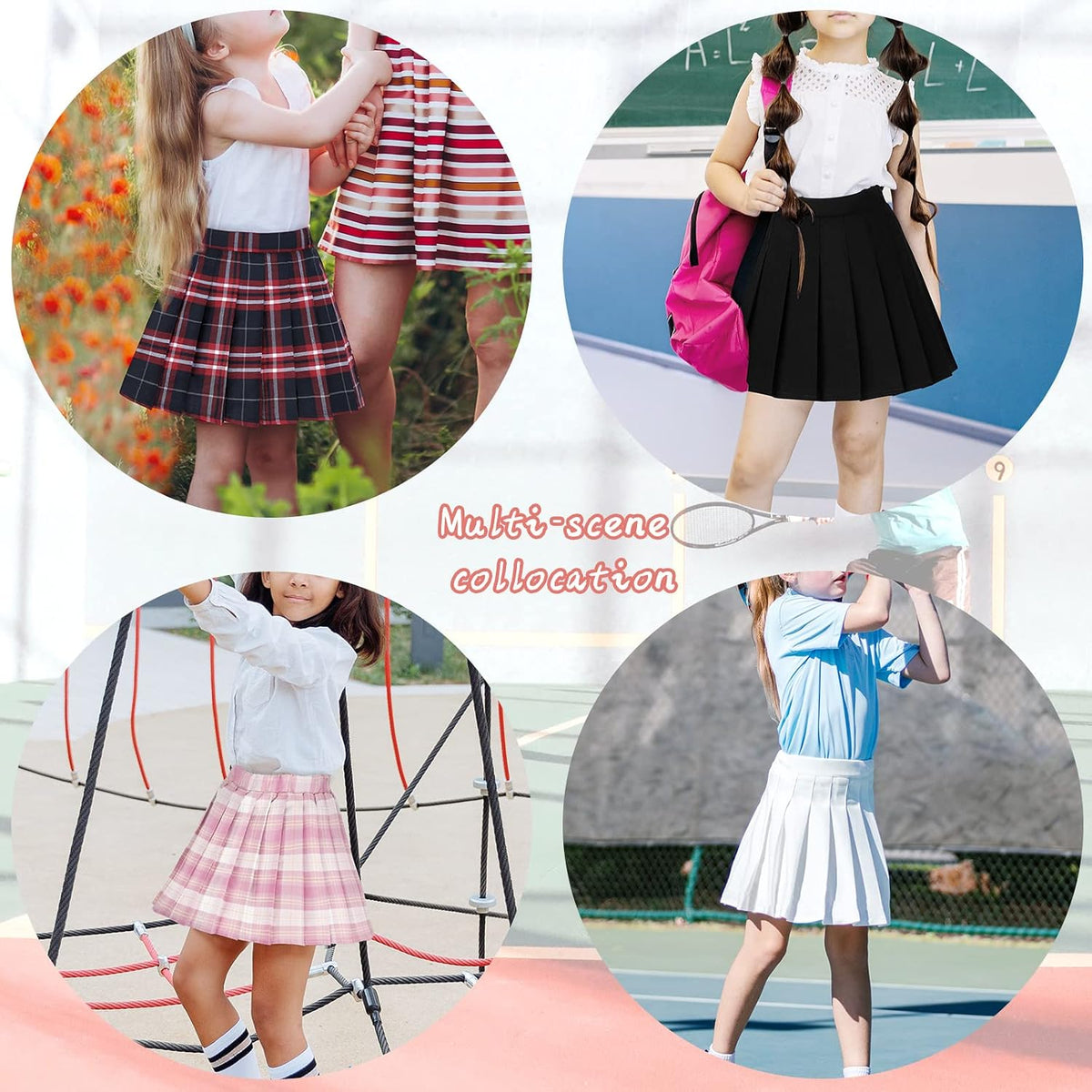 High-quality pleated mini skirt, perfect for school, parties, or everyday wear, with breathable polyester fabric and attached safety shorts.