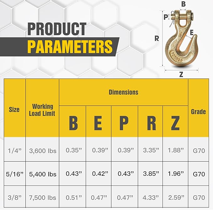 5/16" Clevis Grab Hooks (4 Pack) Heavy Duty Chain Hook for 5/16 Inch Grade 70 Chain Forged Alloy Steel- for Trailer Truck Transport - Yellow Chromate Finish - 5,400 lbs